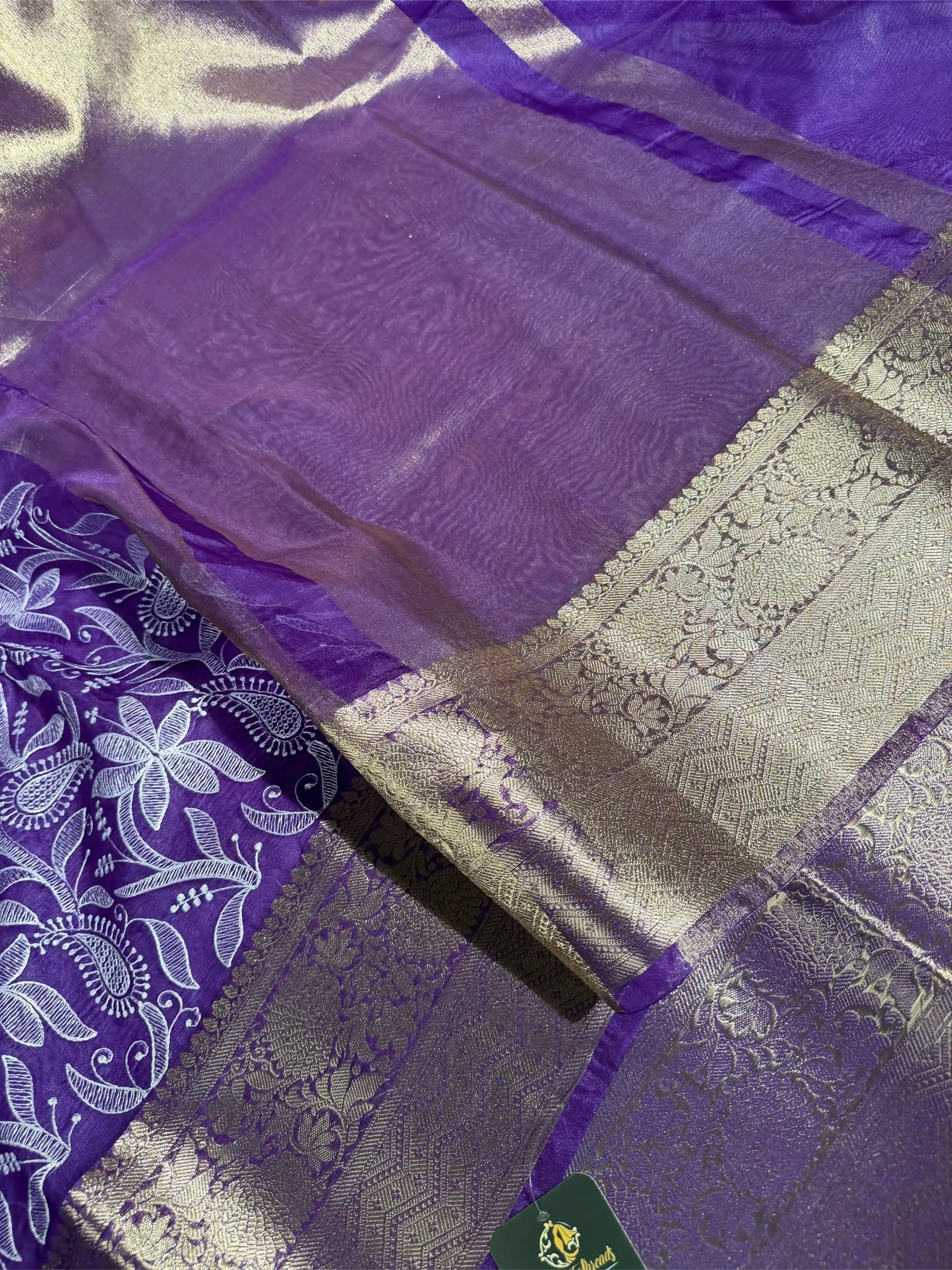 Bright Purple Kora Organza Chikankari Embroidered Banarasi Saree