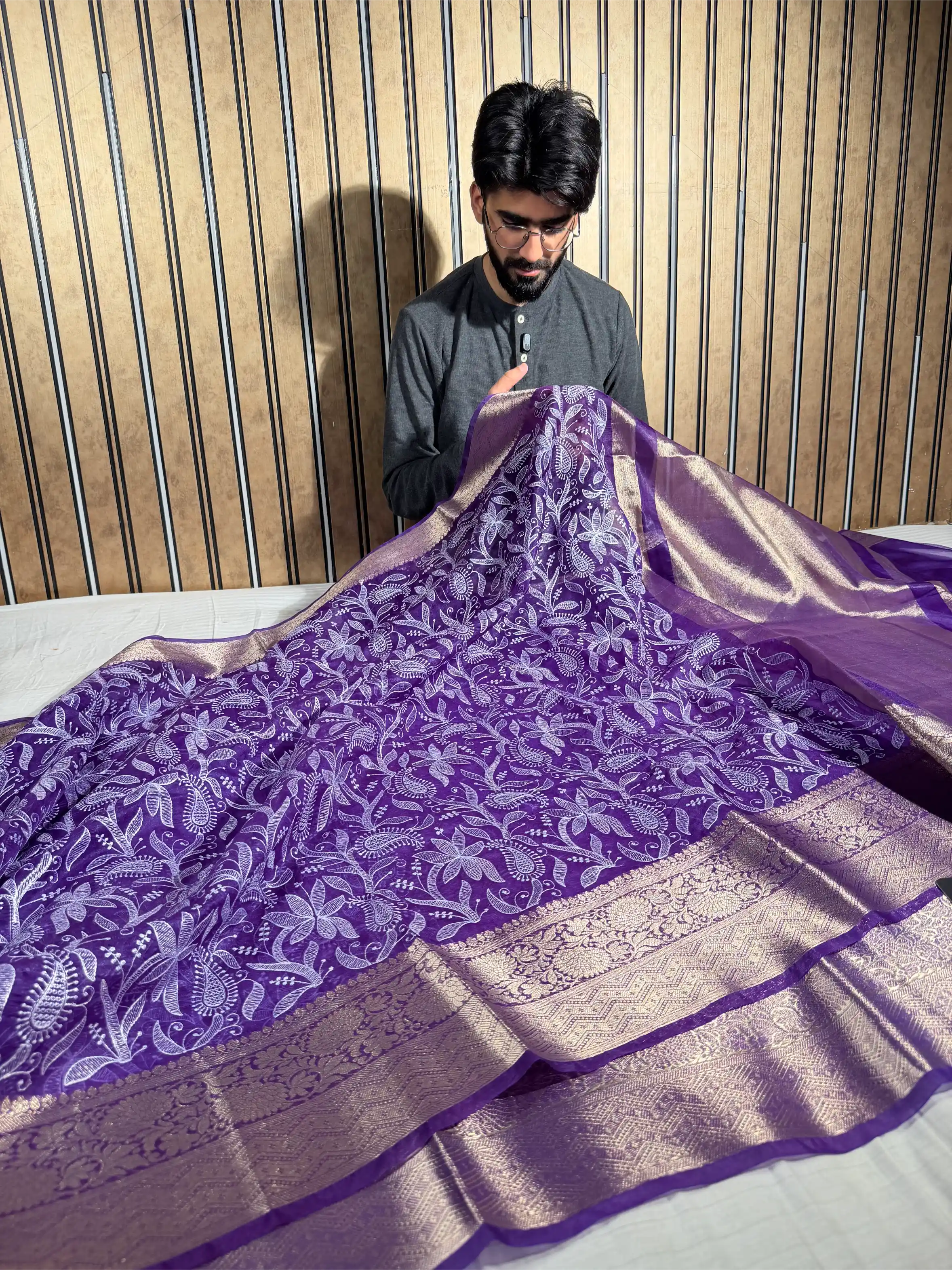 Bright Purple Kora Organza Chikankari Embroidered Banarasi Saree