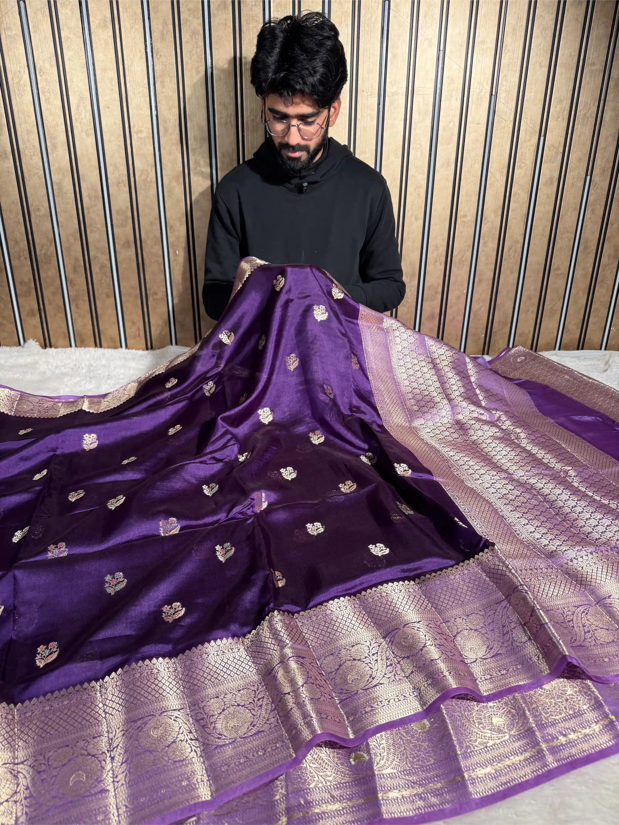 Bright Purple Mango Katan Silk Meenakari Buta Banarasi Saree