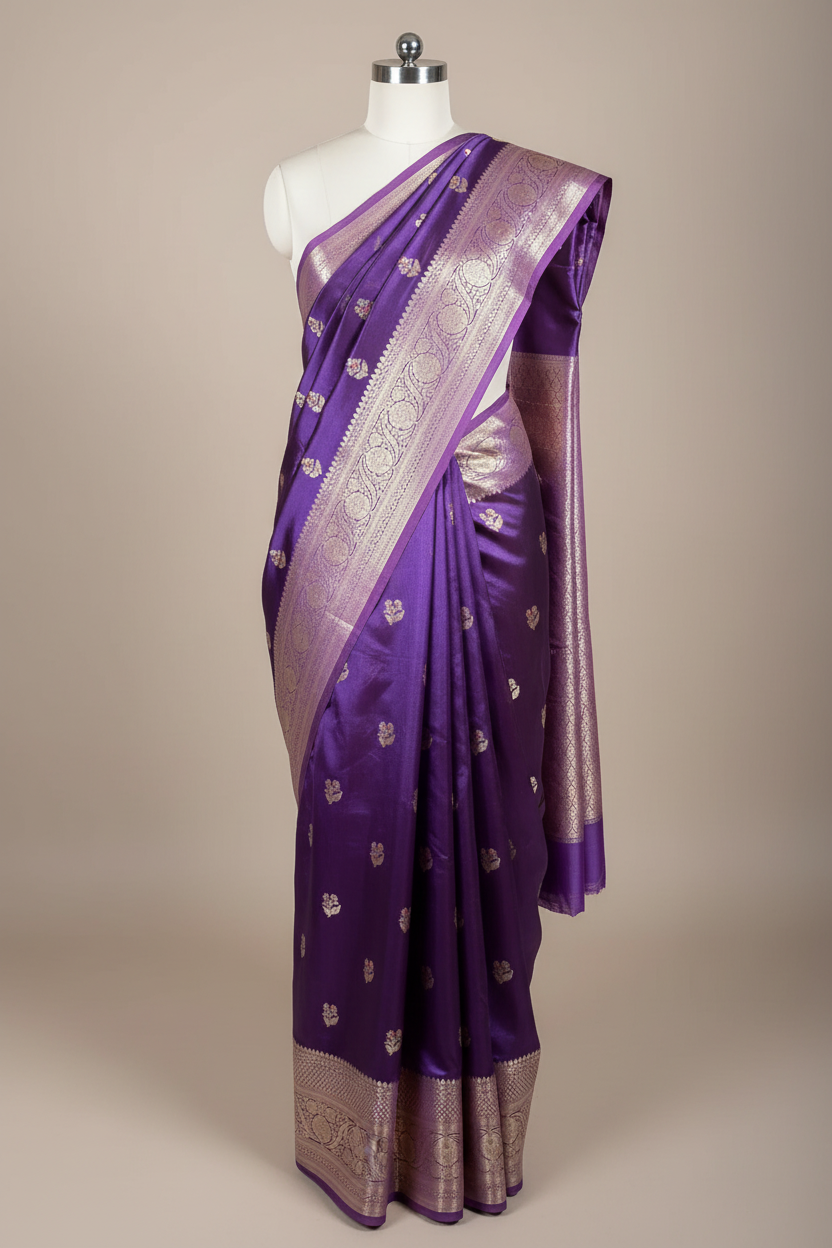 Bright Purple Mango Katan Silk Meenakari Buta Banarasi Saree