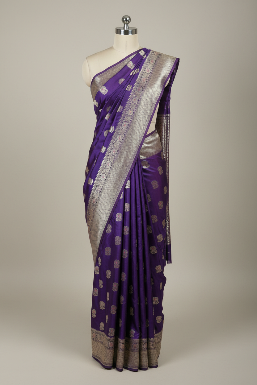 Bright Purple Mashru Katan Silk Meenakari Buta Banarasi Saree