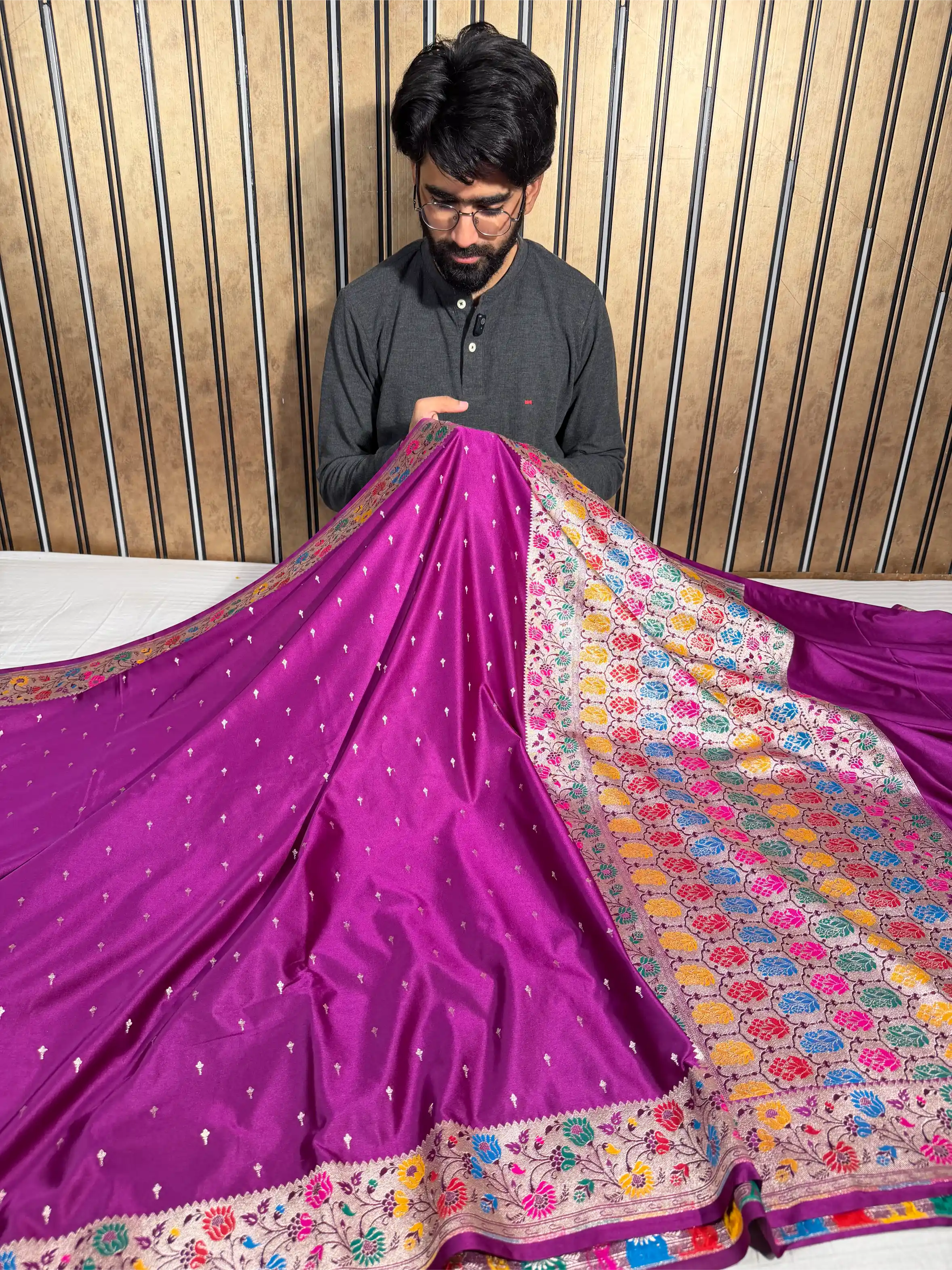 Bright Purple Mashru Katan Silk Meenakshi Banarasi Saree