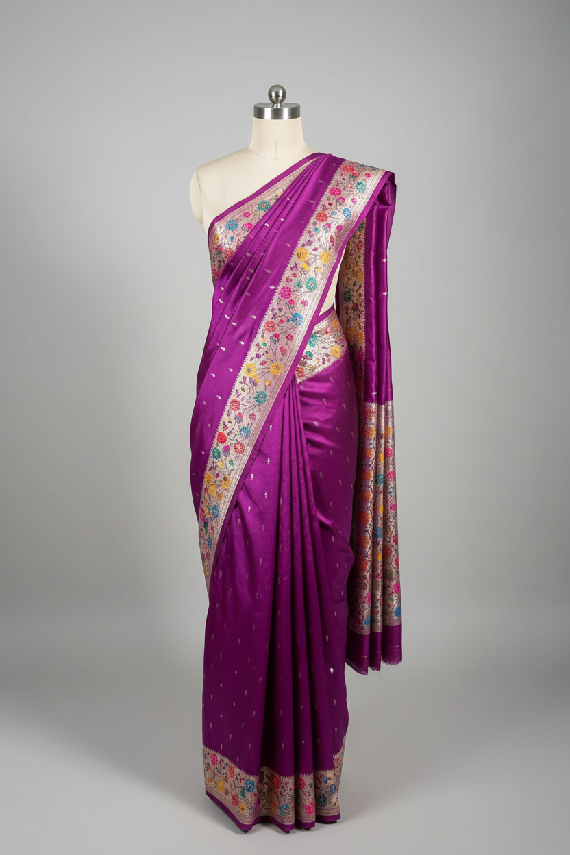 Bright Purple Mashru Katan Silk Meenakshi Banarasi Saree