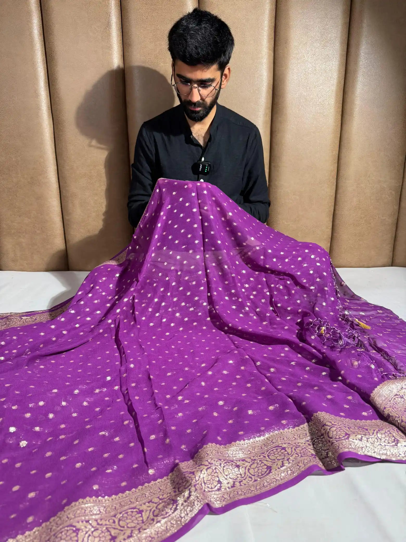 Bright Purple Premium Viscose Georgette Banarasi Saree with Handmade Tassles