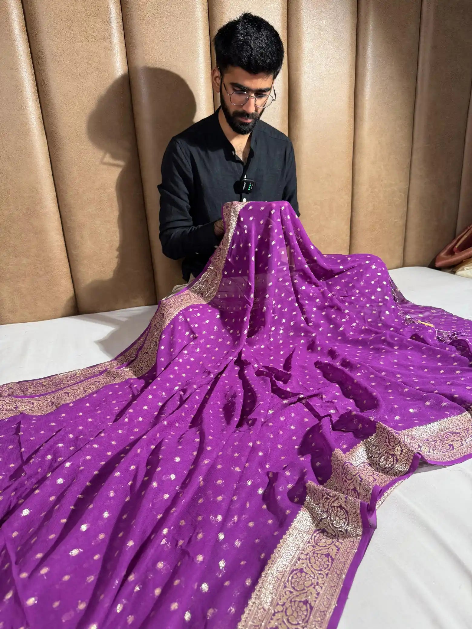 Bright Purple Premium Viscose Georgette Banarasi Saree with Handmade Tassles