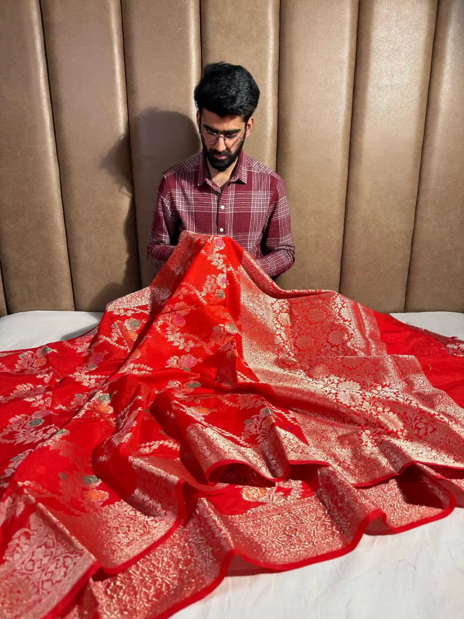 Bright Red Alfi Meenakari Chiniya Silk Exclusive Banarasi Saree