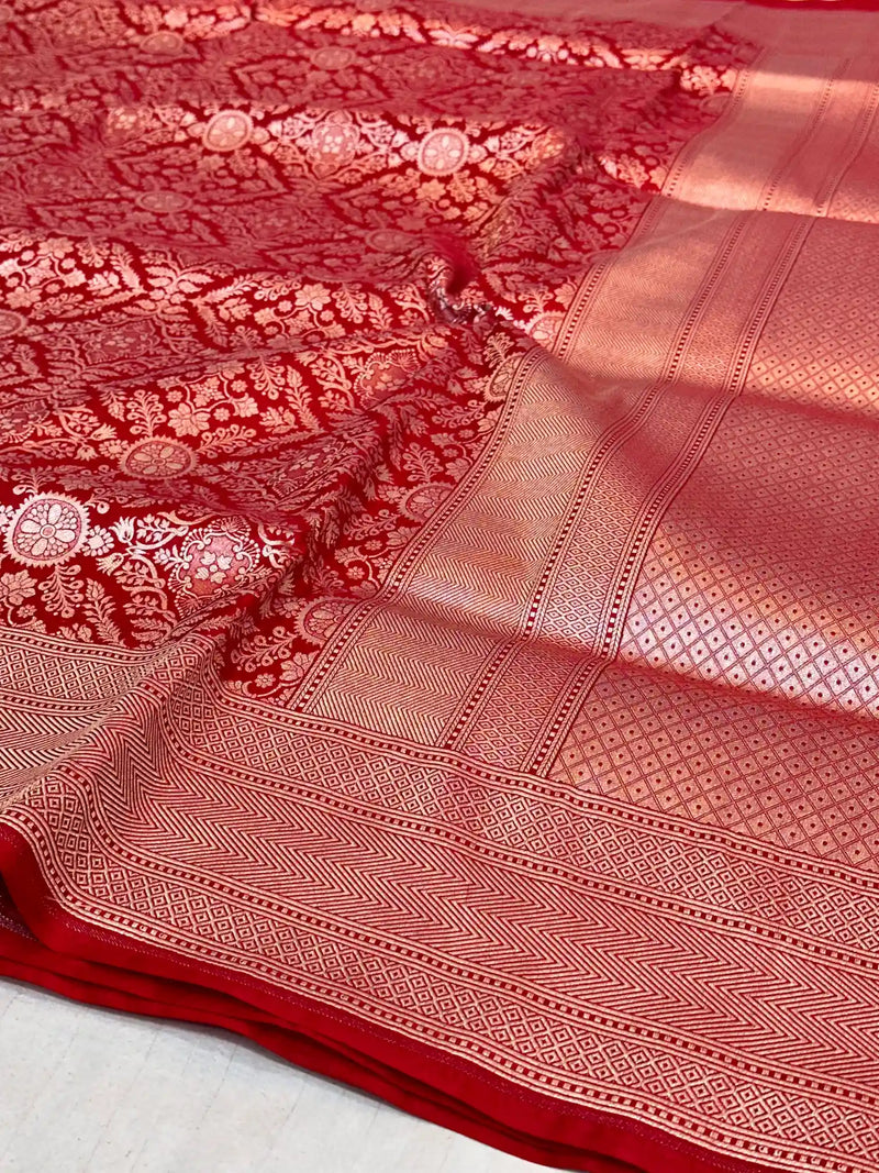 Bright Red Brocade Pure Katan Silk Saree