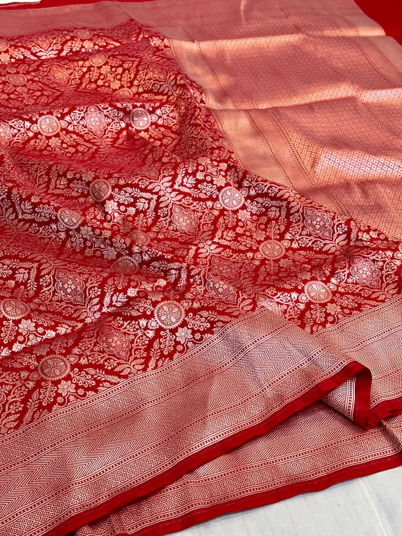 Bright Red Brocade Pure Katan Silk Saree