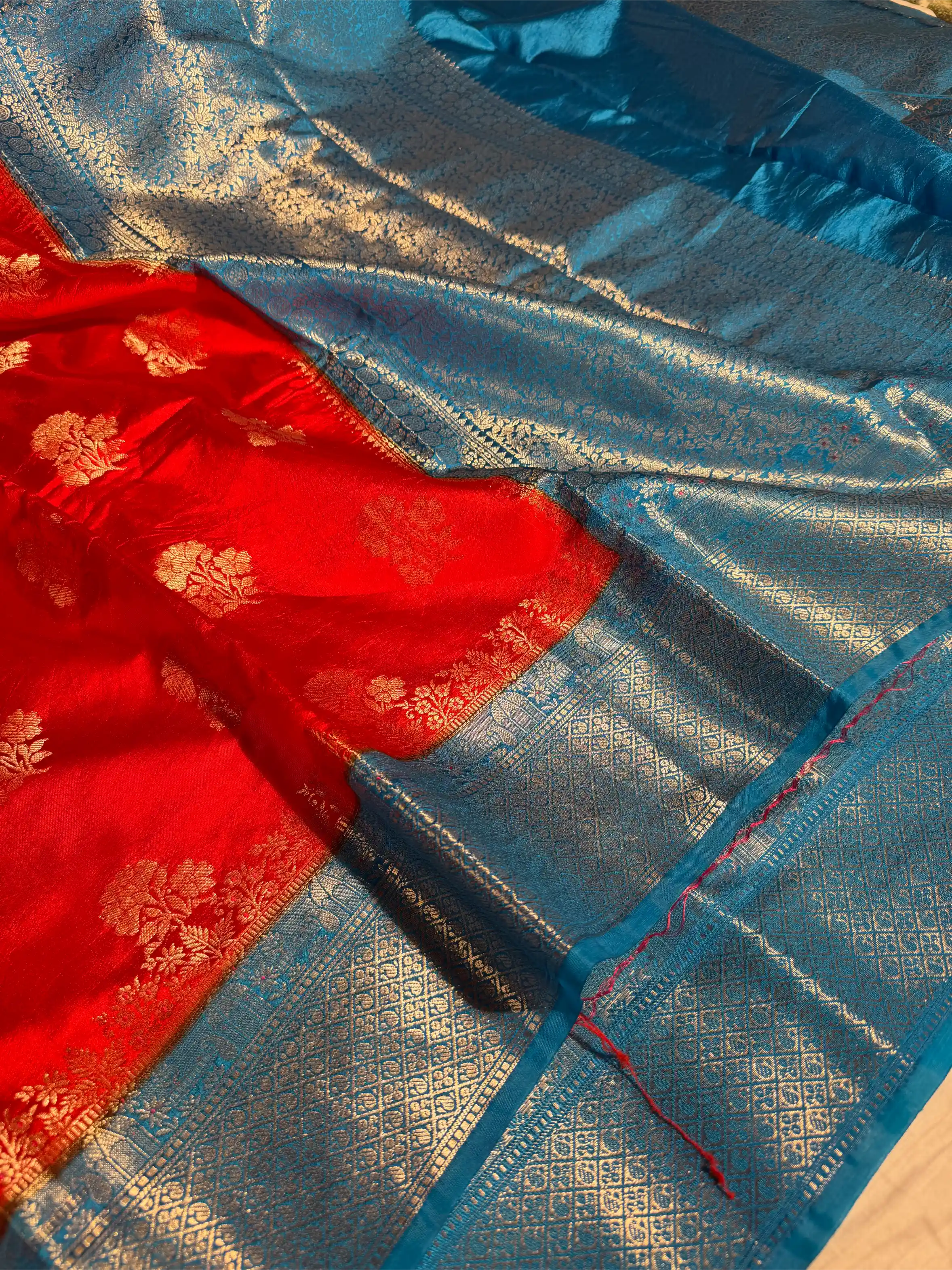 Bright Red Chinia Katan Eccentric Buta Weave Banarasi Saree 