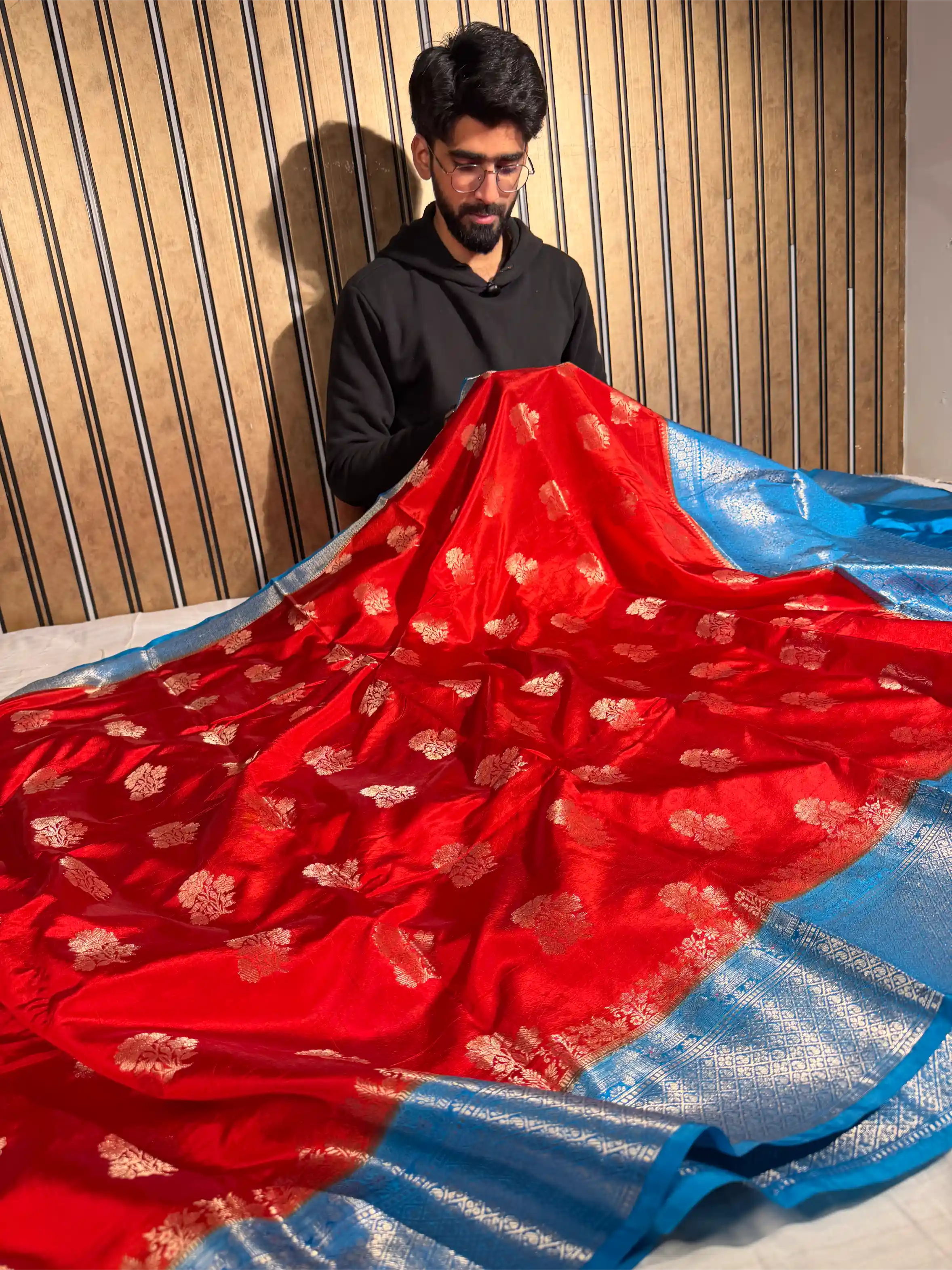 Bright Red Chinia Katan Eccentric Buta Weave Banarasi Saree 