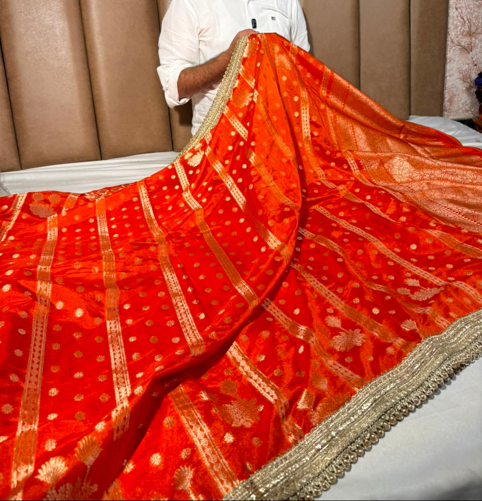 Bright Red Chinia Silk Lace Work Designer Saree