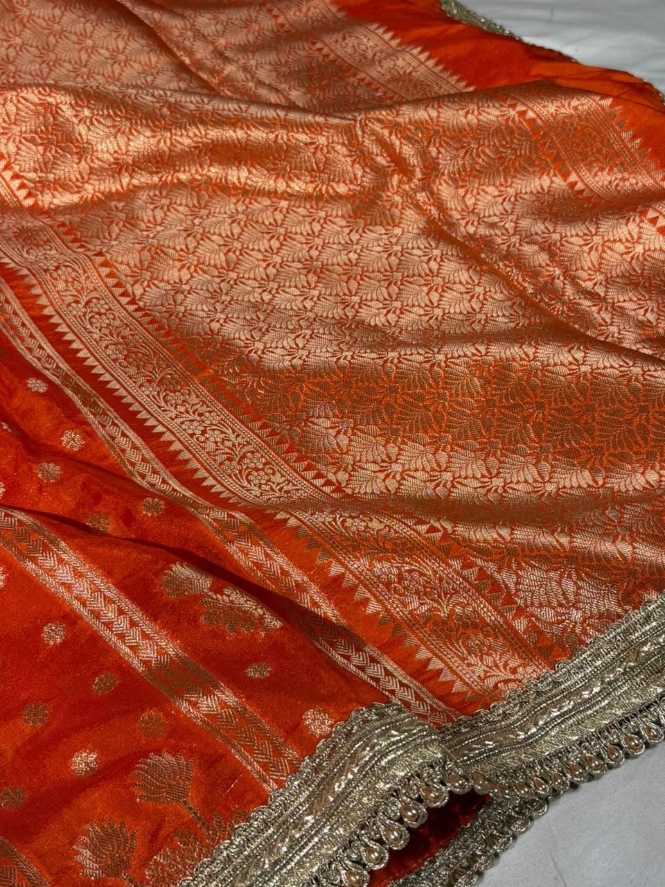 Bright Red Chinia Silk Lace Work Designer Saree