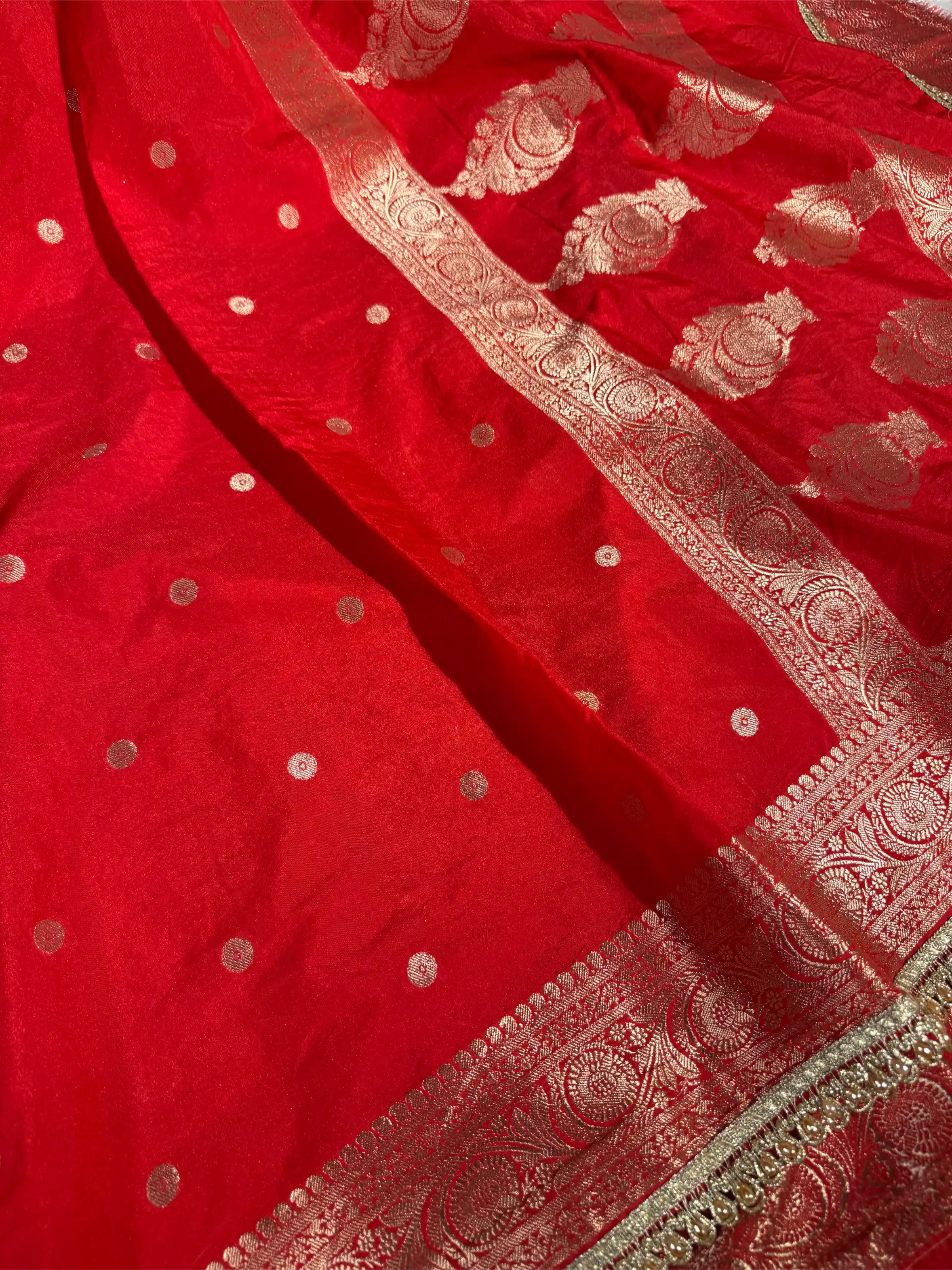 Bright Red Chinia Silk Premium Lace Attached Banarasi Saree
