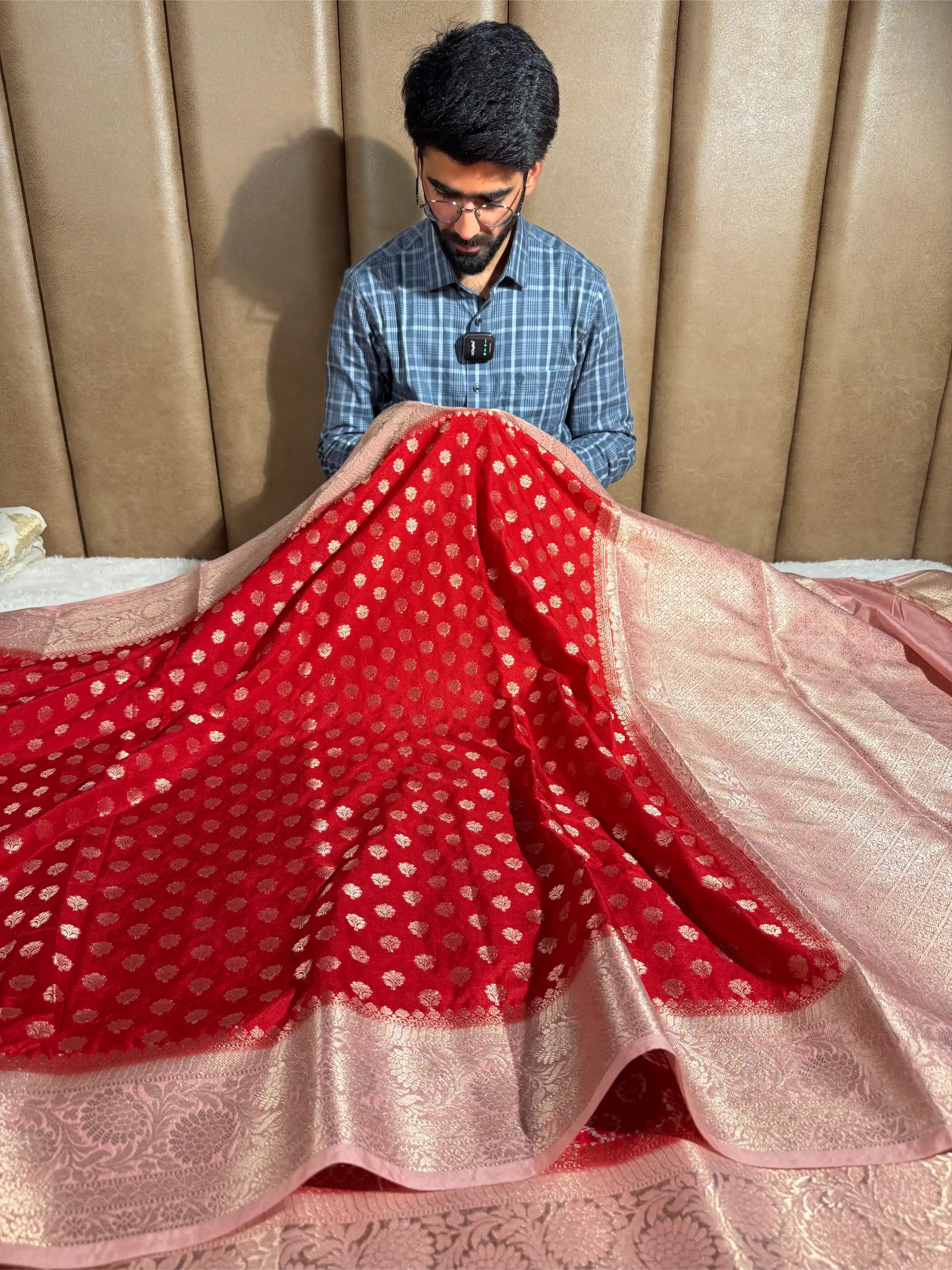 Bright Red Khaddi Buti Chinia Silk Banarasi Saree