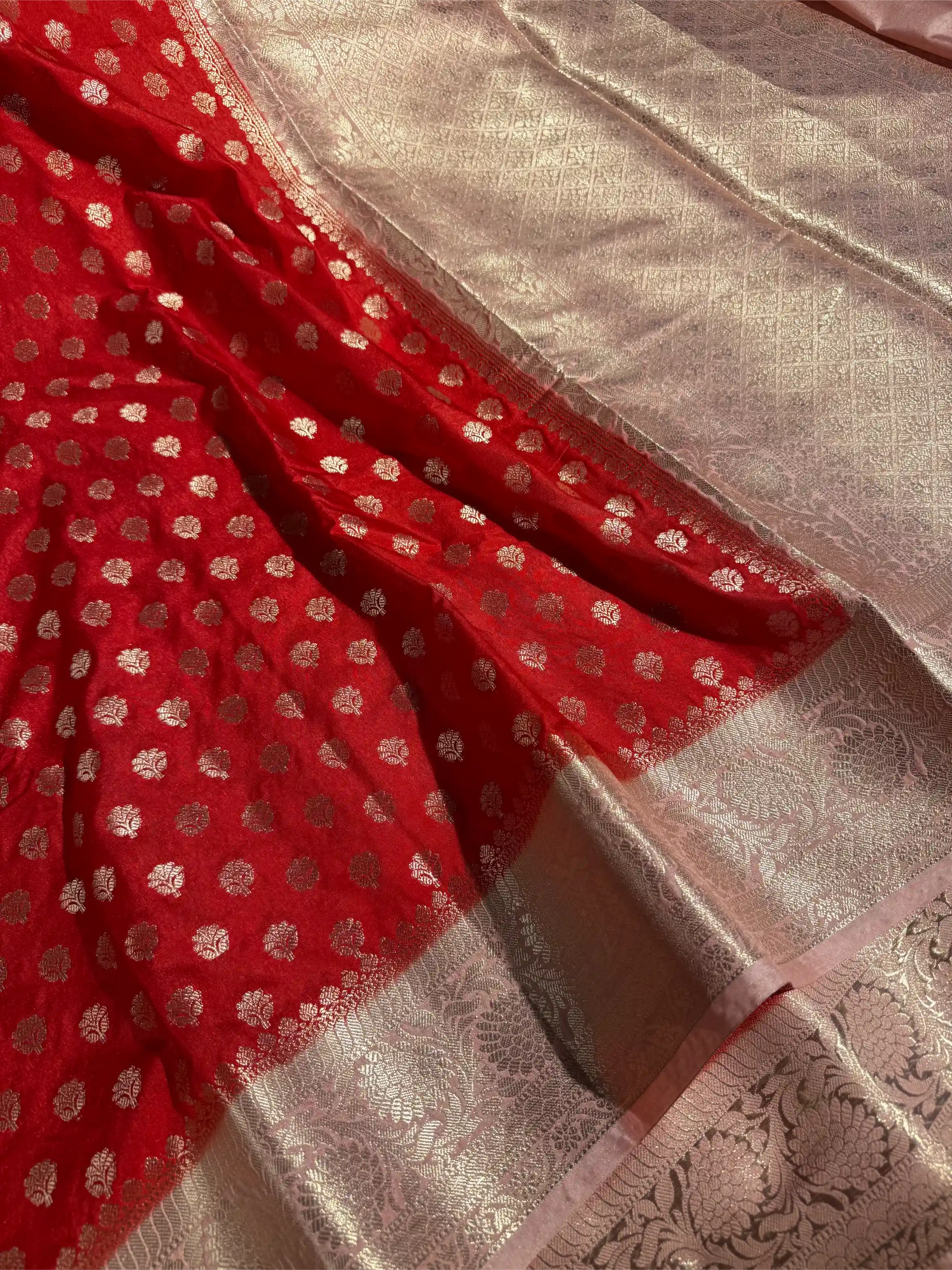 Bright Red Khaddi Buti Chinia Silk Banarasi Saree