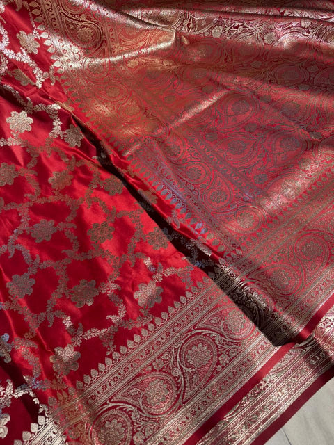 Bright Red Satin Silk Heritage Banarasi Saree