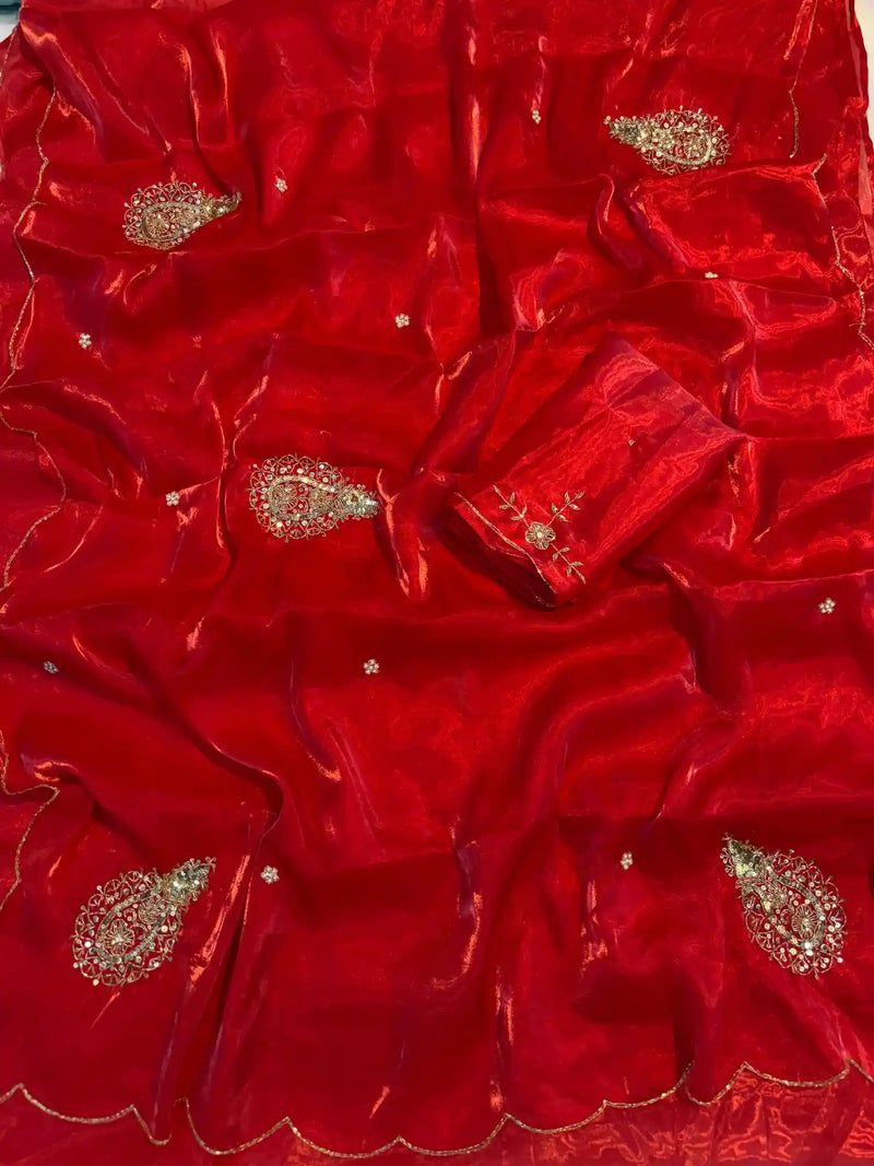 Bright Red Shimmery Tissue Silk Designer Saree