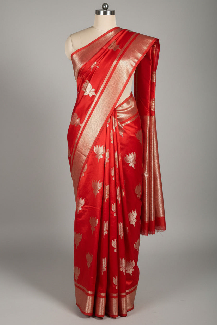 Bright Red Softsilk Lotus Floral Buta Banarasi Saree