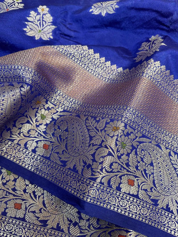 Bright Royal Blue Chinia Silk Banarasi Saree