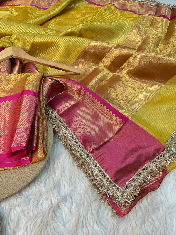 Bright Yellow Brocade Tissue Silk Jacquard Lace Work Banarasi Saree