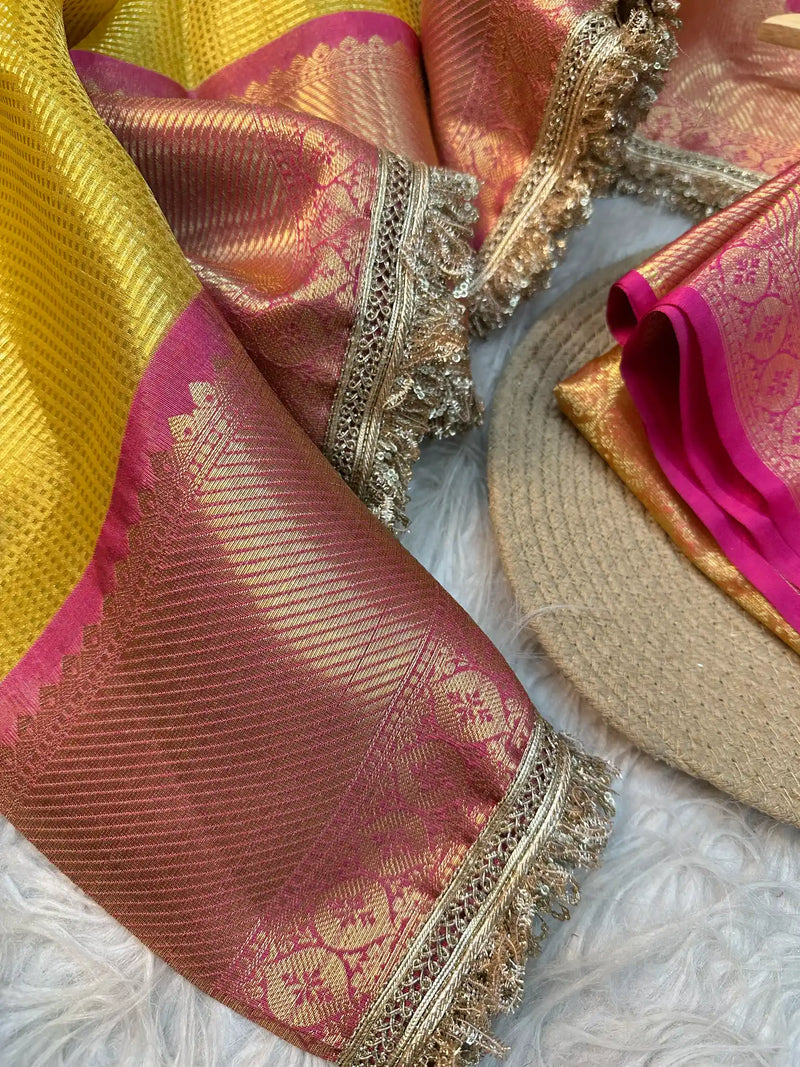 Bright Yellow Brocade Tissue Silk Jacquard Lace Work Banarasi Saree