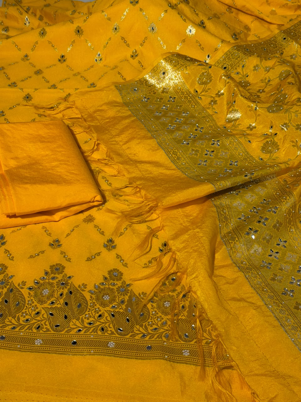 Bright Yellow Chinia Silk Banarasi Mirror Work Suit