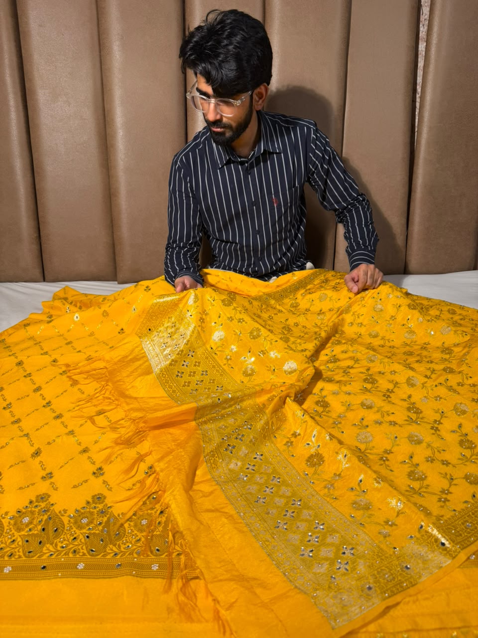 Bright Yellow Chinia Silk Banarasi Mirror Work Suit
