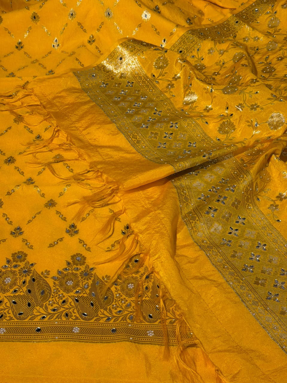 Bright Yellow Chinia Silk Banarasi Mirror Work Suit