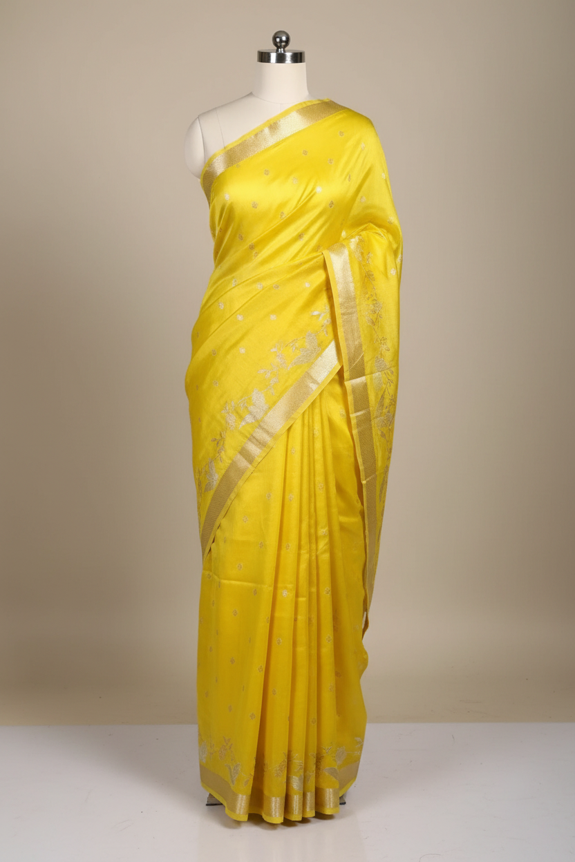 Bright Yellow Chinia Silk Intricate Banarasi Saree