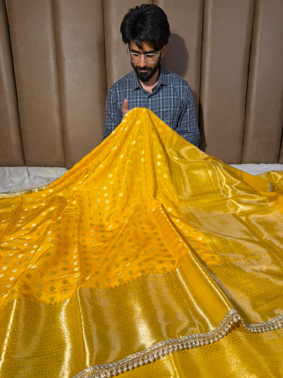 Bright Yellow Chinia Silk Lace Work Saree