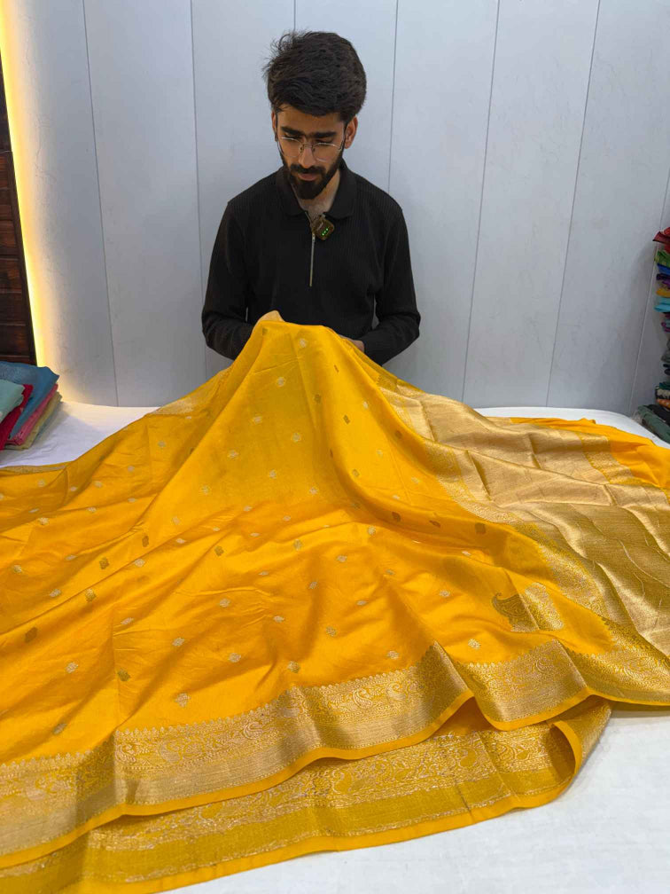 Bright Yellow Chiniya Silk Banarasi Saree