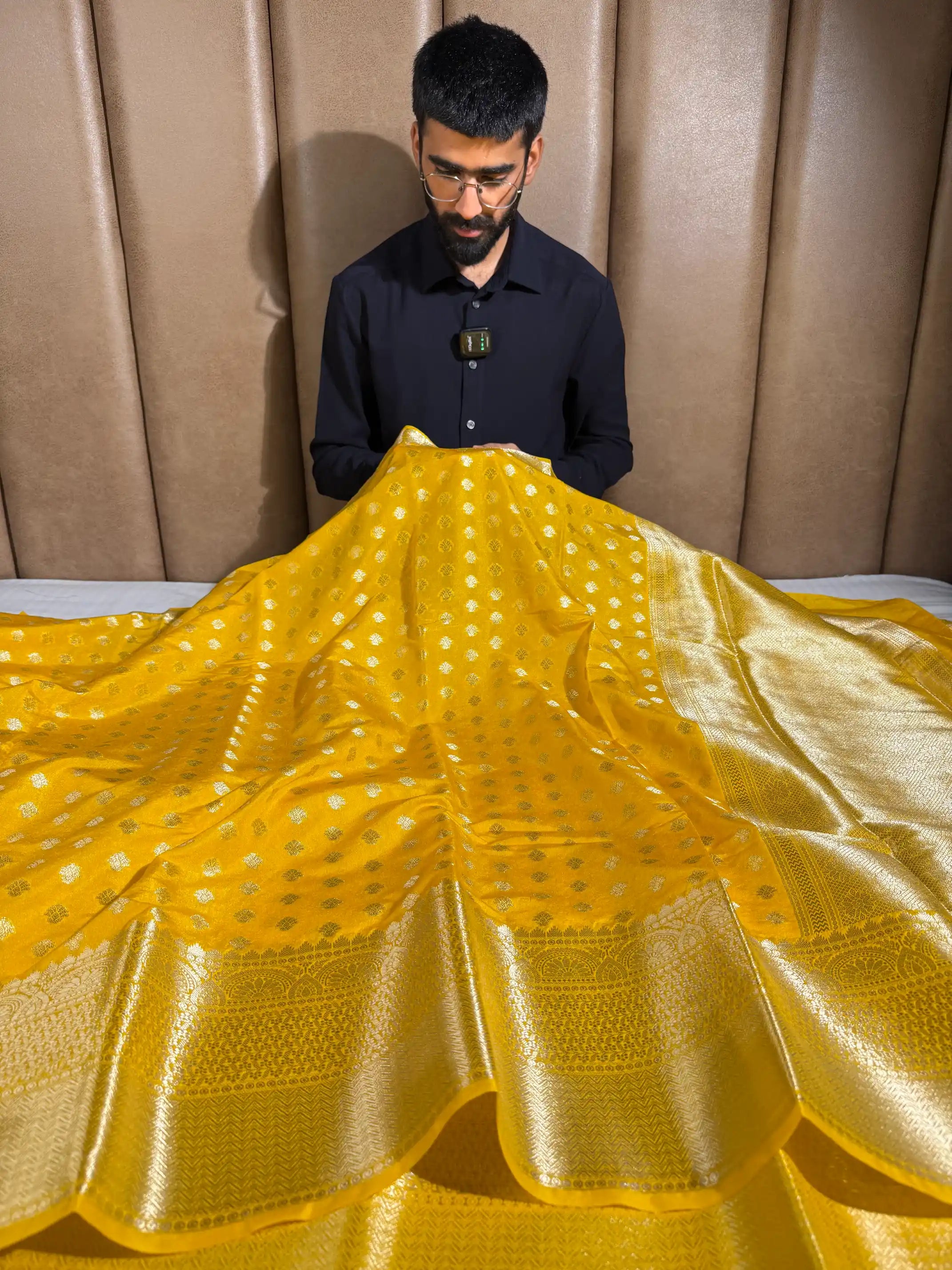 Bright Yellow Chiniya Silk Khaddi Buti Weave Banarasi Saree