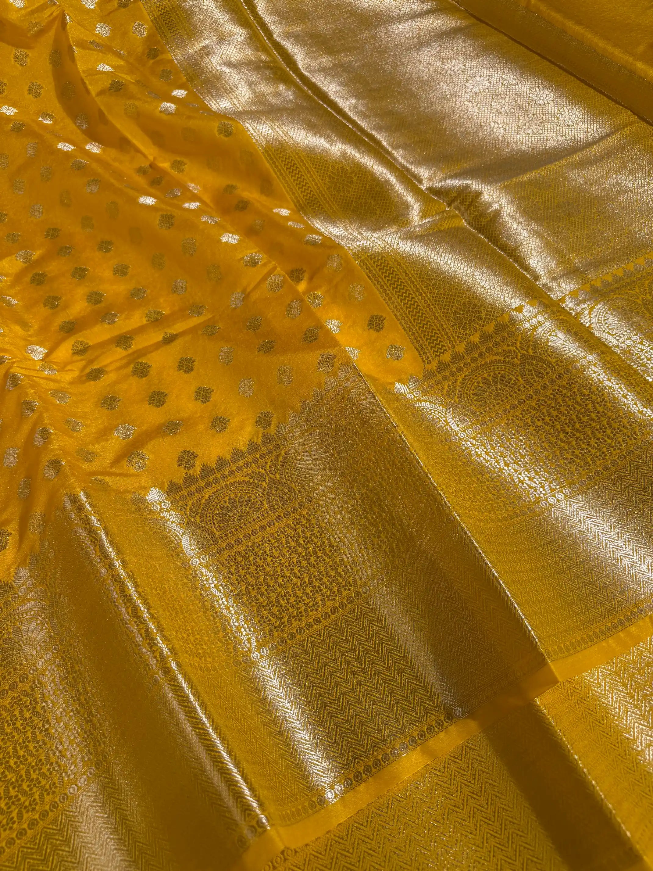 Bright Yellow Chiniya Silk Khaddi Buti Weave Banarasi Saree