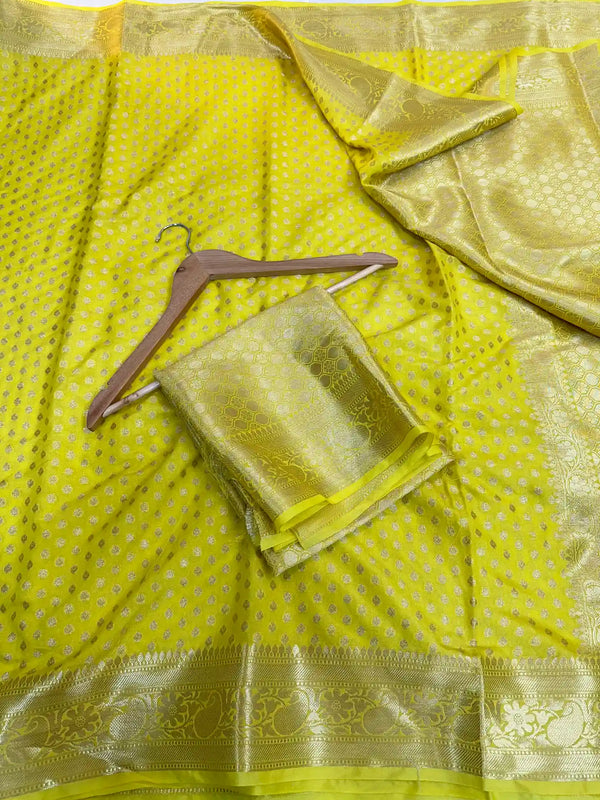 Bright Yellow Chiniya Silk Zari Buti Weave Banarasi Saree