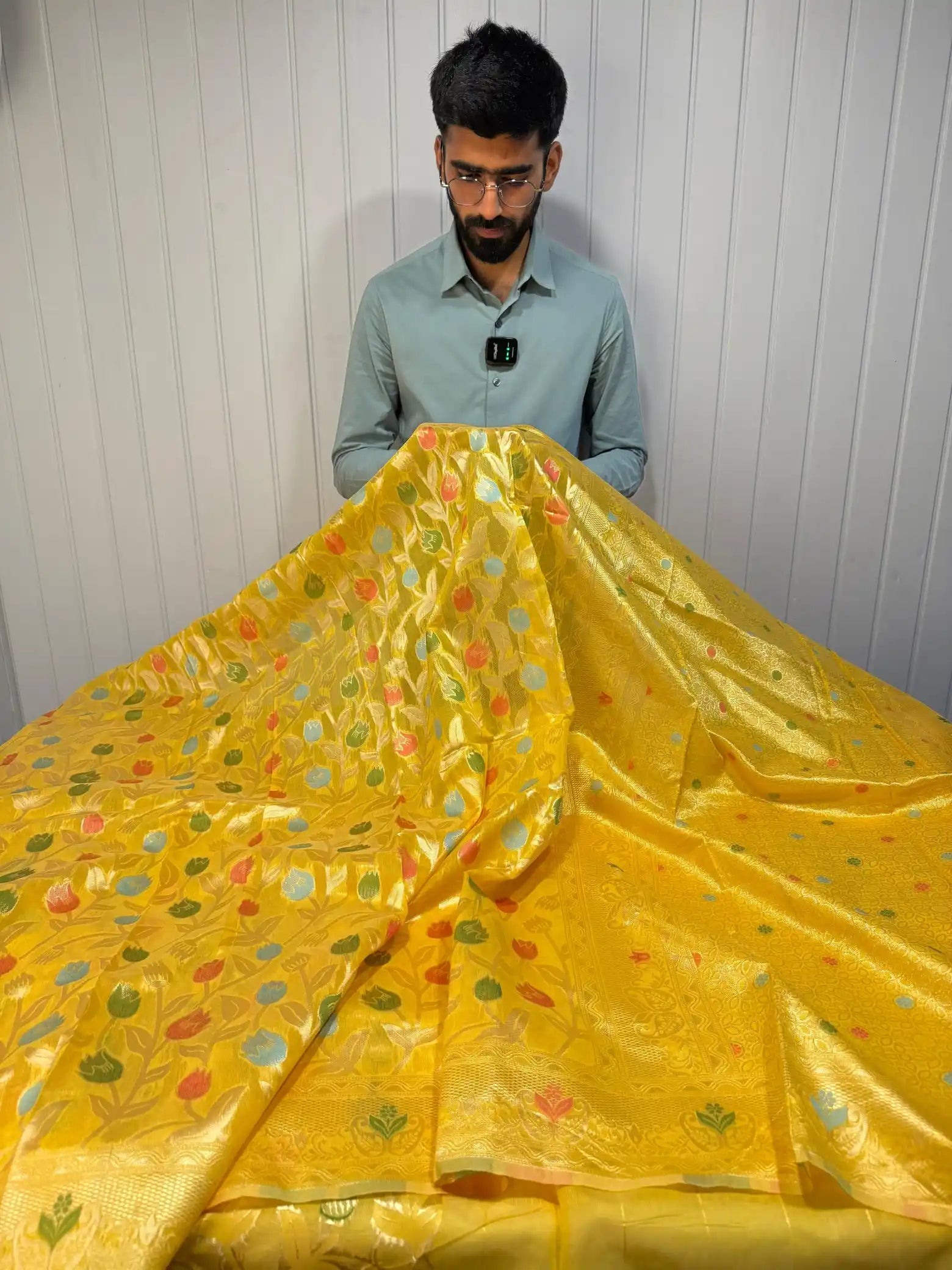 Bright Yellow Cotton Silk Floral Jaal Meenakari Banarasi Saree