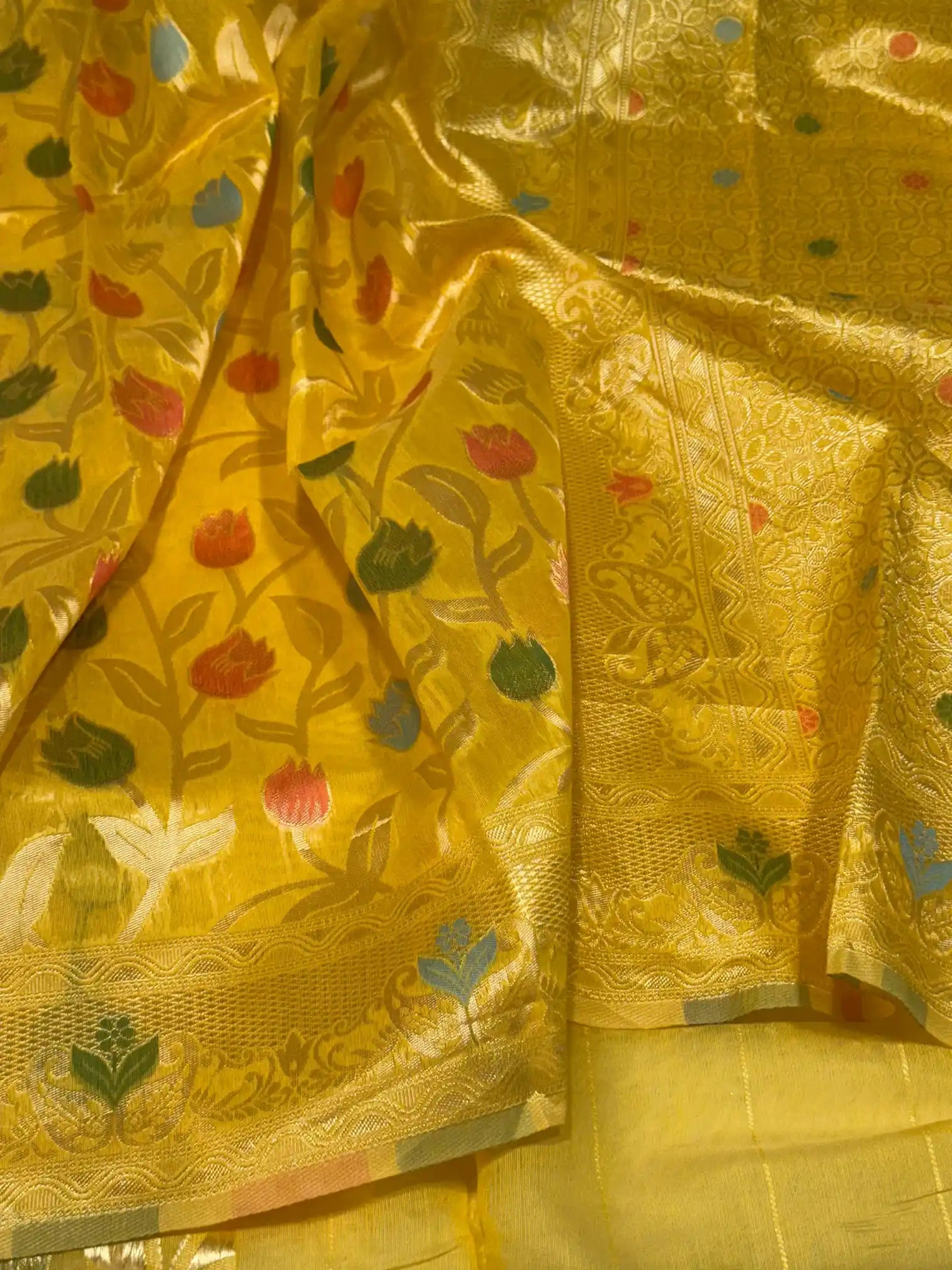 Bright Yellow Cotton Silk Floral Jaal Meenakari Banarasi Saree