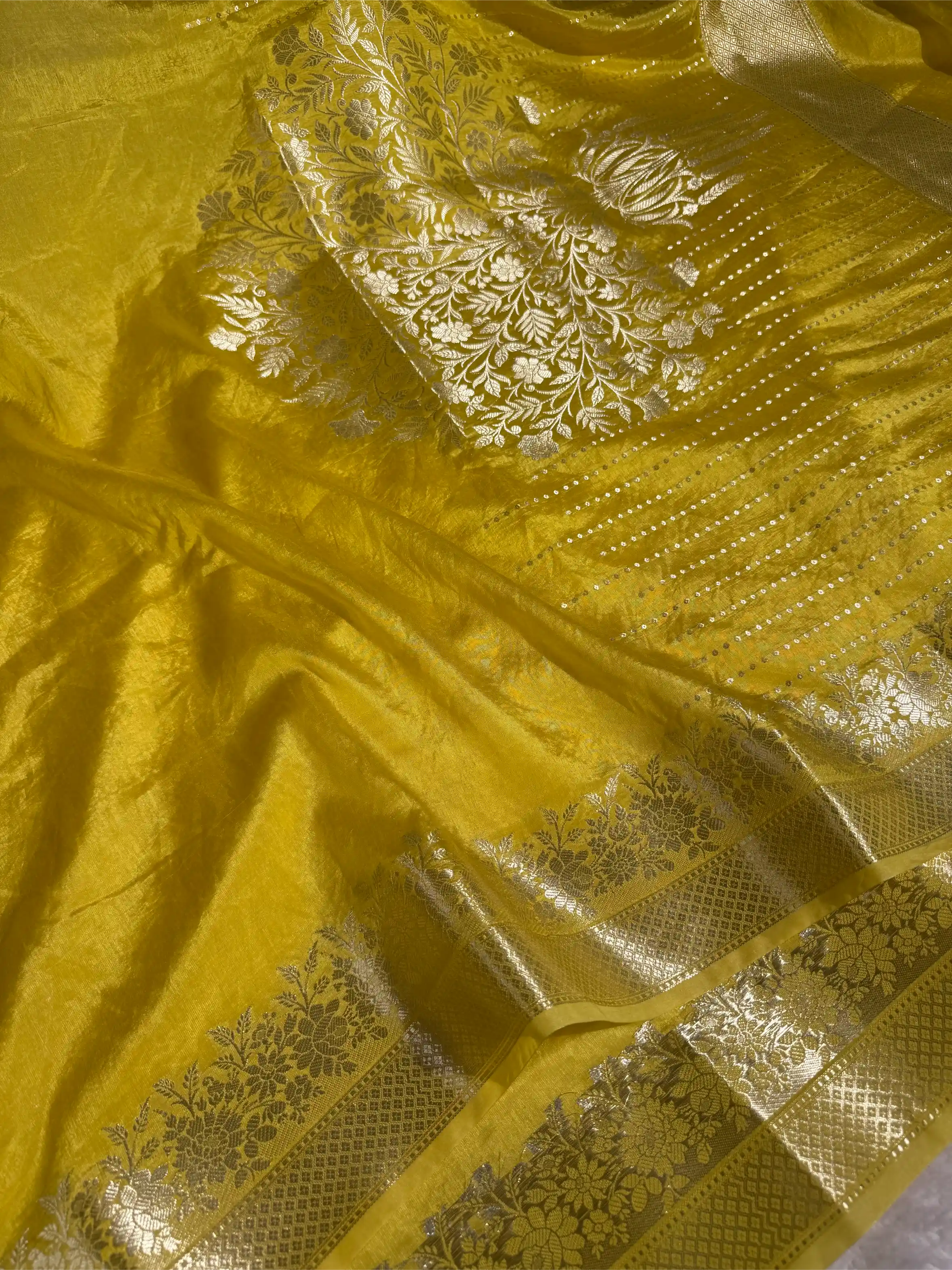 Bright Yellow Crepe Chinia Silk Banarasi Saree 