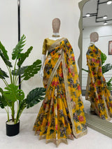 Bright Yellow Designer Digital Print and Sequins Work Saree