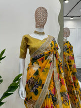 Bright Yellow Designer Digital Print and Sequins Work Saree