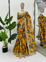 Bright Yellow Designer Digital Print and Sequins Work Saree