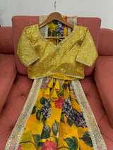 Bright Yellow Designer Digital Print and Sequins Work Saree