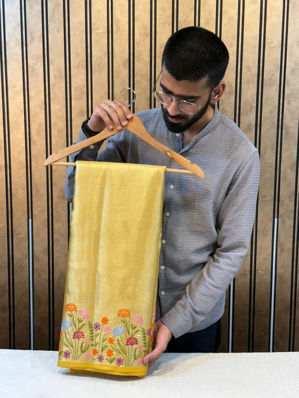 Bright Yellow Kanjivaram Brocade Tissue Silk Multicoloured Floral Embroidery Saree