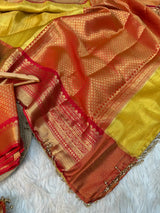 Bright Yellow Kanjivaram Tissue Silk Designer Saree with Premium Moti Lace Work