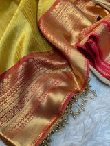 Bright Yellow Kanjivaram Tissue Silk Designer Saree with Premium Moti Lace Work