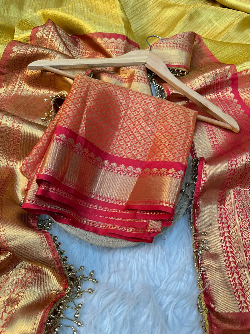Bright Yellow Kanjivaram Tissue Silk Moti Lace Designer Saree