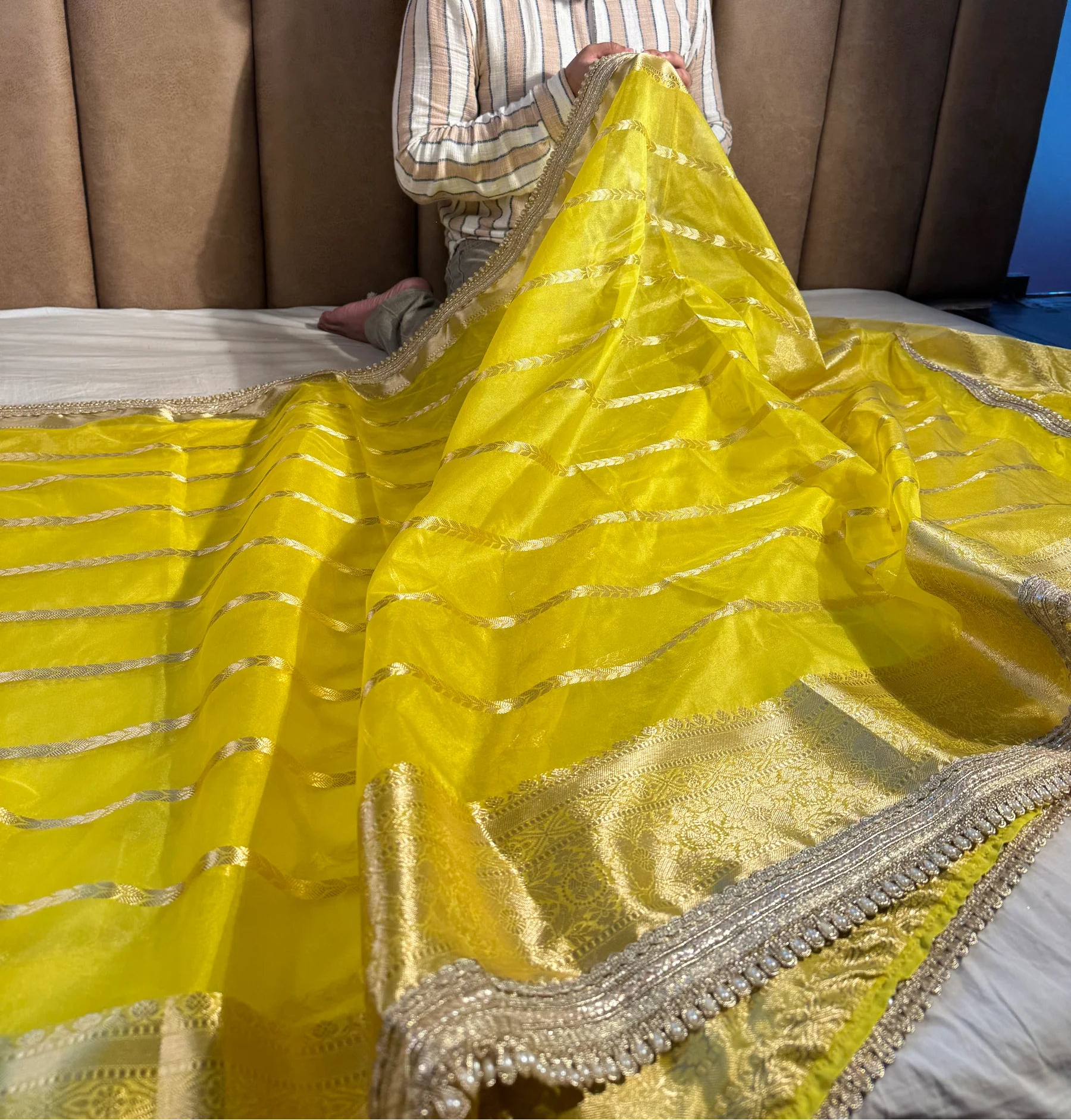 Bright Yellow Kora Organza Silk Designer Lace Work Banarasi Saree