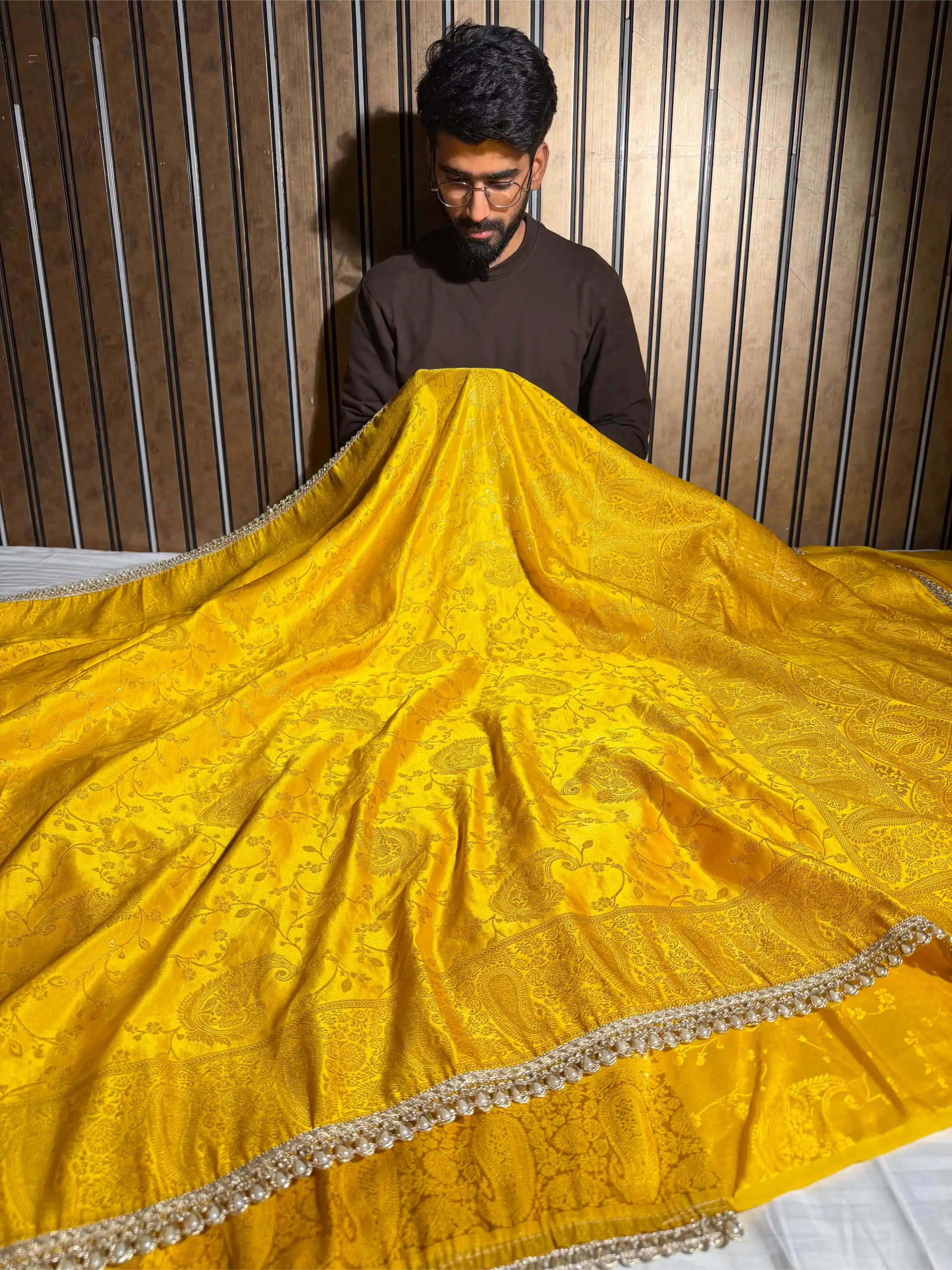 Bright Yellow Mashru Katan Designer Lace Work Banarasi Saree