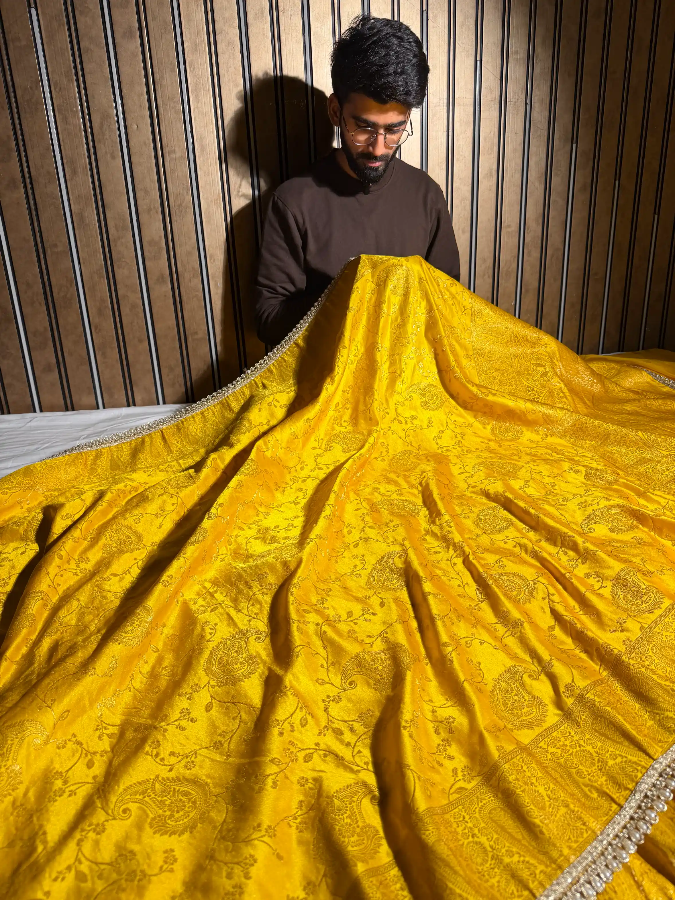 Bright Yellow Mashru Katan Designer Lace Work Banarasi Saree