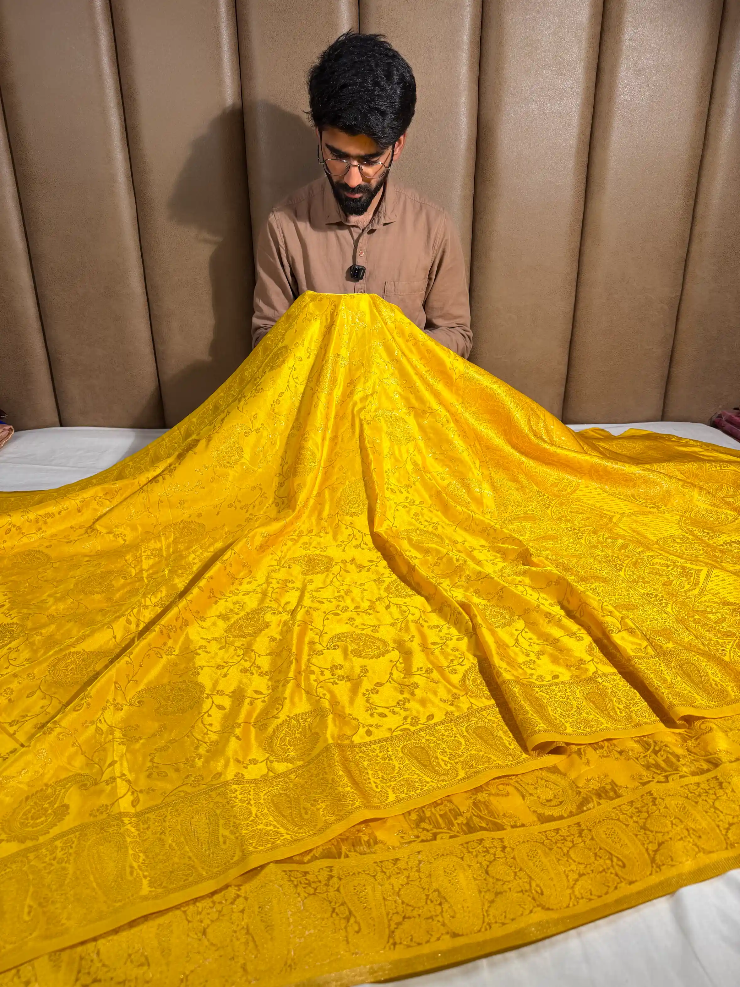 Bright Yellow Mashru Katan Silk Intricate Weave Saree