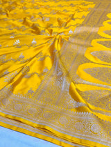 Bright Yellow Mashru Katan Silk Leheriya Weave Banarasi Saree